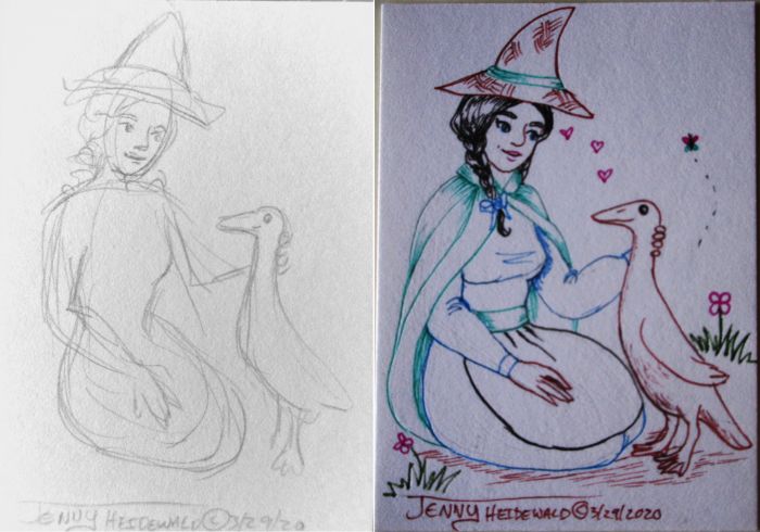 Find your earliest SketchFest and redraw a prompt : Young Country Witch and Goose Familiar by Jenny Heidewald
